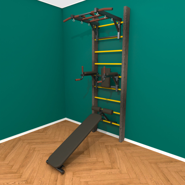 Брашированная шведская стенка "Кастерли" Черный ТБС (Желтые ступени)