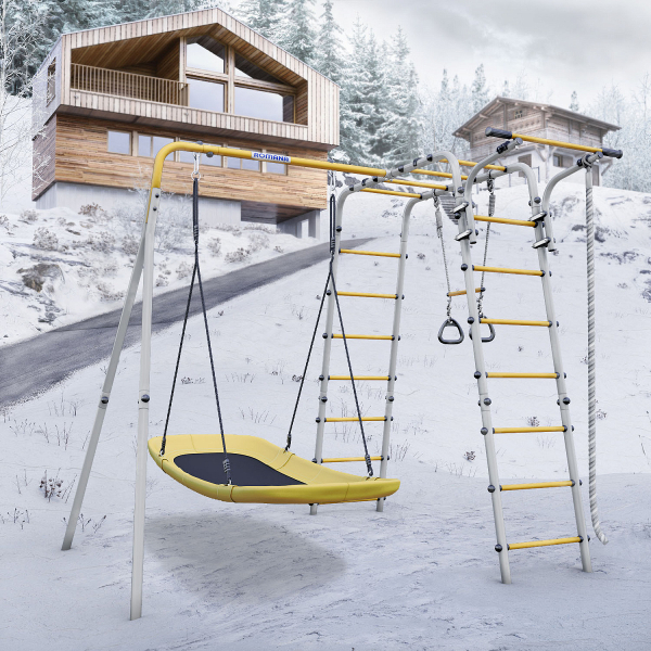 картинка Детский спортивный комплекс для дачи ROMANA Веселая лужайка - 2 (желтый/серый) от магазина Лазалка