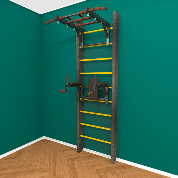 Брашированная шведская стенка "Кастерли" Черный ТБ (Желтые ступени)