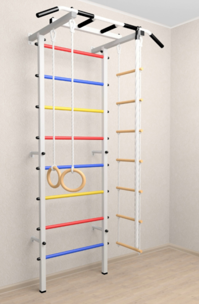 Шведская стенка Sv Pro 801 (Турник Pro/Канат/Кольца/Лестница) ( Белый) ( Разноцветные перекладины)