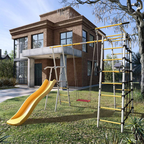 картинка Детский спортивный комплекс для дачи ROMANA Богатырь (желтый/серый) от магазина Лазалка