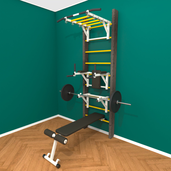 Брашированная шведская стенка "Кастерли" Черныйk РБСШ (Желтые ступени)